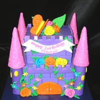 Castle Cake A castle cake done in Dora colors. Buttercream icing with MMF decorations. PVC pipe and ice cream cone towers covered in MMF. TFL