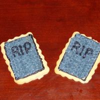 Tombstones Gray tombstone cookies made along with witches, bats, eyeballs, candy corn, ghosts, Jack O'Lanterns, moons, mummies, etc.... almond bc...
