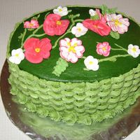 Variations Of Green With Fantasy Flowers Wilton Class II Basket weave and Flowers... My version of Pansies, Apple Blossoms, Violets and Primrose.
