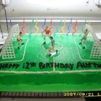 Soccer Birthday Cake Chocolate cake with vanilla BC icing. Food color spray for field. Words and field lines in gel icing. The players & nets came from a...