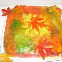 First Day Of Fall Butter cake with vanilla BC icing. Food color spray in fallish colors. The leaves are fake from a craft store. Sprinkles in matching colors...