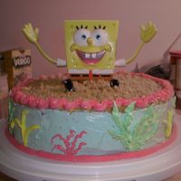 Sponge Bob Birthday Cake Chocolate cake w/BC icing. Sponge Bob from Wal-Mart cake dept. I used crushed graham crackers on the top for the sand. Thanks for looking...