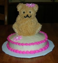 Teddy Bear Cake First time I baked & decorated the Mini-Bear Cake Pan from Wilton. Didn't notice until the pictures that the one eye was smaller...