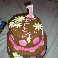 Brown W/ Pink Dots Bottom layer is chocolate cake with chocolate homemade whipped icing. Top layer ("smush cake") is white cake with cherry whipped...