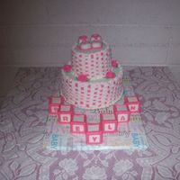 Booties And Blocks Hot Pink and white basket weave, with booties and blocks made out of fondant. Got the idea from another cakecentral member. Thanks all love...