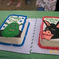 Shrek & Donkey Cakes Two cakes that i made for a two year old little girls birthday. Two double layer 9x13 cakes with hand drawn and piped pictures.