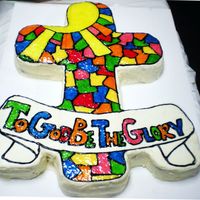 Pastor Anniversary Cake - Stained Glass Cake I made for my Pastor's Anniversary. Carved out of min-loaf shaped cakes, 2 across and 3 down for the cross, and then one each for...