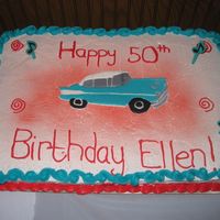 50's Theme Cake This was the 2nd cake for my mom's 50th surprise party (50's theme). It is chocolate cake with BC icing. The car is color flow...