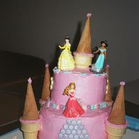 Princess Castle Cake 8" and 6" double layer chocolate cake, with pink BC. Ice Cream Cone Turrets, Royal Icing Flowers, Candy Decorations and Princess...