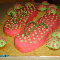 Polka Dot Flip Flop White cake baked and shaped like a flop. Icing is buttercream spread as smooth as I could get it. Polka dots are green buttercream. On the...