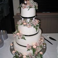 Candlelight Beauty Chocolate and white cake frosted in buttercream with black ribbon accent.