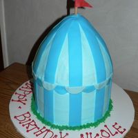 Jojo's Circus Tent 8" round white cake filling with pineapple. Dome made from wonder pan (doll dress). I stacked the two cakes and frosted it in...