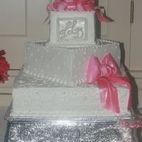 Pretty In Pink, Wedding Cake With Gumpaste Bows 3 tier square wedding cake, italian cream, chocolate with chocolate mouse filling, white with lemon filling for a friends wedding. The...