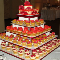 Wedding Cake/cupcakes White cake with vanilla buttercream an Orange Juice cakes, with 600 gumpaste Hydrangea flowers. The colors were sherry red an burnt orange...