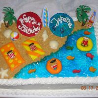 Beach Birthday Quarter-sheet yellow cake with buttercream frosting. Teddy Grahams with bathing suits/sunglasses piped on. Innertubes and towels out of MMF...