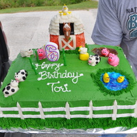 Old Macdonalds Farm Cake MMF farm animals, bottom half of barn is RKT and top half is cake covered in MMF. Duck pond and mud pit made of colored piping gel. I made...