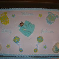Baby Shower Cake This is a full sheet (whew!!) white cake with buttercream/pineapple mixture filling. The baby, onesies and rattles are MMF. Lollipop sticks...