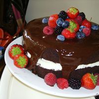 My First Choc Cake This is my first attempt at this choc cake, bare in mind all my others have been used as door stops. it is dark choc light!! sponge with...