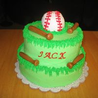 Baseball Themed Baby Shower Chocolate cake with buttercream icing. Bats are made out of fondant.