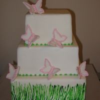Butterfly Cake dummy cake wrapped in fondant, with fondant butterflies, the grass was hand painted