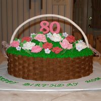 Flower Basket Birthday Cake Choc. and Van. cake, iced in BC with gumpaste flowers, handle and #80.