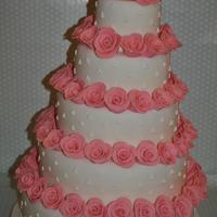 Vintage 5 Tier whit piping detail and handmade pink roses