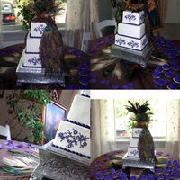 Peacock Cake Sq. 6-8-10 design on cake is replica of design on bride's dress. Hand painted then piped with purple icing and ivory dragees for...