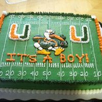 Miami Hurricanes Baby Shower This cake was made for a couple of Miami Hurricane fans who are having a baby boy and his nursery is decorated in all Miami stuff.