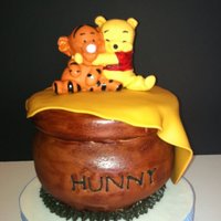 Winnie The Pooh Baby Shower Cake And Cupcakes Winnie the Pooh sculptured hunny pot with Winnie and Tigger characters. Made molds from plastic characters and then used gumpaste painted...