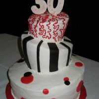 Topsy-Turvy 30Th Birthday Buttercream icing with fondant accents on the bottom two tiers, and buttercream piped on the top. The numbers were cut from gumpaste and...
