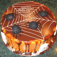 Spider 13Th Birthday Chocolate Cake w/Red Raspberry gooey filling. Chocolate ganash "ooze" over buttercream.