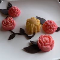 Flower Petit Fours Vanilla petit fours. Soaked in pink and yellow glaze. With chocolate leaves (used the wilton fondant leave cutter) and vines(my friend did...