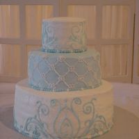 Blue/white Scroll Wedding Cake The bride wanted me to do a smaller version of Martha Stewart's Wedding Cake. All BC icing using 6", 10", and 14" round...