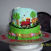 1St Topsy Turvey This was for 2 birthdays in one, they wanted a train on it for the boy and flowers and butterflies for the girl. 6" stacked on 8"...