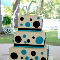 Sarah W 6,8,10 square with white fondant, real ribbon and fondnat polka dots. thanks for looking! all comments appreciated!