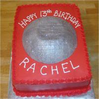 Disco Ball Cake Made to match the party invitation -- disco ball made of gumpaste & covered lots of little gumpaste squares, then airbrushed silver &...