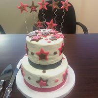 Pink And Brown Stars White on bottom, chocolate on top, buttercream with fondant stars. Pixie dust on stars. I had issues w/smoothing, but I was kinda in a...