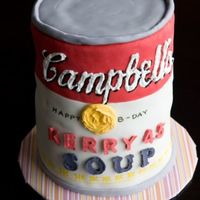Campbell's Soup Birthday Cake Based on the famous tomato soup this cake was covered in white and red fondant and the logo and type were created with royal icing