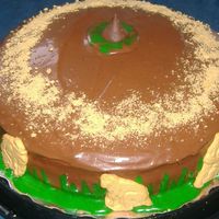 Animal Cracker Cake white cake with chocolate frosting, decorated with green icing, animal crackers, animal cracker crumbs, and a hershey kiss =]