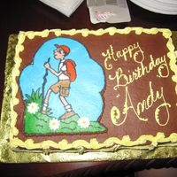 Hiker Birthday Cake 1/4 sheet cake, iced in chocolate buttercream.Frozen Buttercream Transfer.Number 22 tip reverse shell borders.
