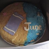 June Birthdays Cake vanilla cake with june beach theme. used grahm cracker for sand and MMF details