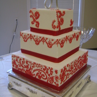 Square Cake With Red Details Buttercream icing - red details are in royal icing. Ribbon border. Thanks for looking :)