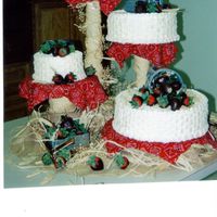 Western Bandanas under the tiers and raffia wrapped around the stand.. the milk punch was served in canning jars out of a wash tub (from a punch...