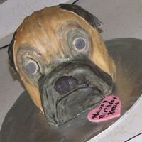 Pug Cake Cake was carved from multiple 8 inch round cakes and covered with fondant. The fondant was painted for the details.