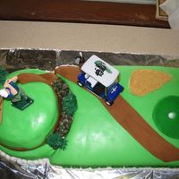 Golf Cake 13 x 9 chocolate cake with white cream filling, frosted and covered with colored fondant. 8 in round white with white cream, topped with 6...
