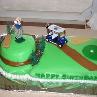 Golf Brithday Cake 13 x 9 chocolate cake with white cream filling, frosted and covered with colored fondant. 8 in round white with white cream, topped with 6...