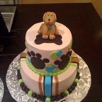 Puppy 2 Tier 1St Birthday Cake Fondant/gumpaste puppy thanks to Annie2. Saw a similar cake on CC, looooove all the inspiration. Buttercream with MMF accents
