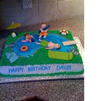 Swimming Pool Cake WASC covered in Buttercream and pipping gel for the water. MMF/gumpaste figures. I saw a cake just like this just changed the figures a bit...