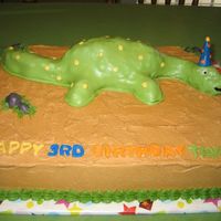 Dinosaur Cake This is a Dinosaur Cake I made for my son's birthday. MMF covered Dinoaur, Cake is iced with Buttercream icing.