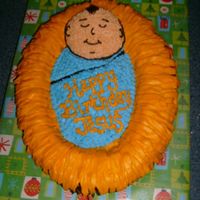 Happy Birthday Jesus! I made this cake for my son's preschool birthday party for Jesus. I used an oval pan for the manger and small baseball pan for Jesus&#...